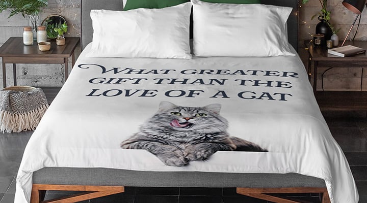 Cat bedsheets with quote "what greater gift than the love of a cat"