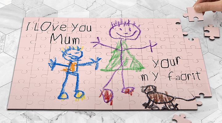 A personalised puzzle with a child's drawing and touching message for their mother