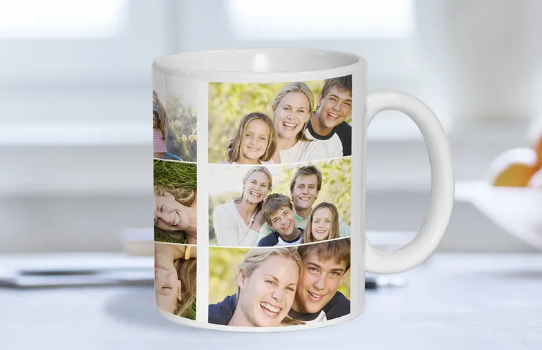 Mum and baby holding Printerpix cartoon design custom mug with dad text