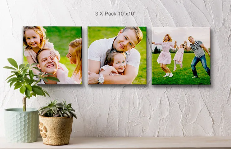 Three Printerpix square photo canvases on a lounge wall with family and child photos on