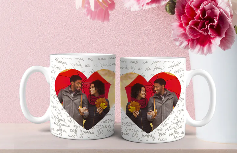 Mum and baby holding Printerpix cartoon design custom mug with dad text