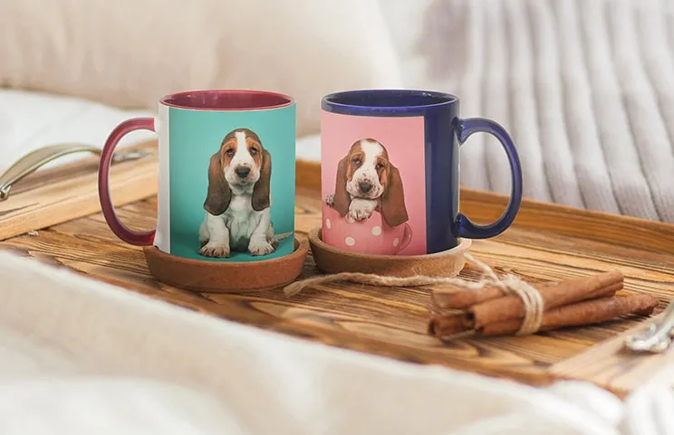 Red and blue Printerpix photo mugs with pictures of dogs on