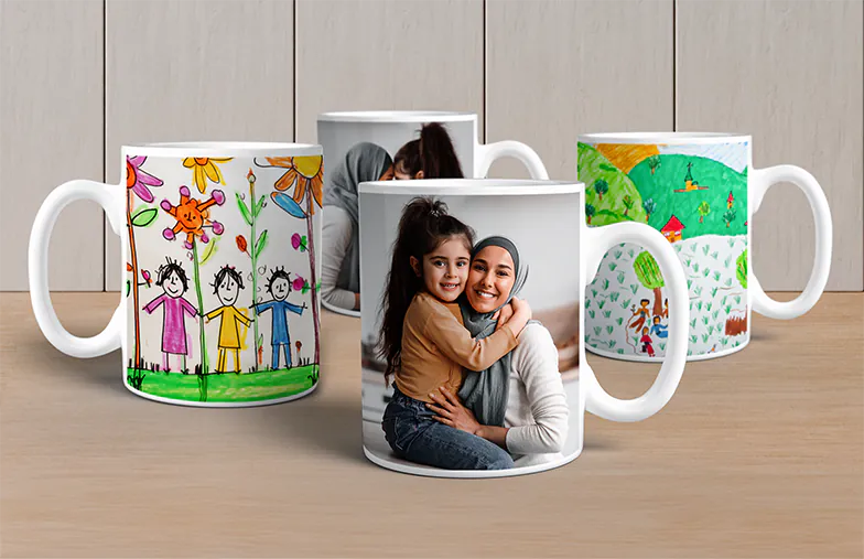 Mum and baby holding Printerpix cartoon design custom mug with dad text