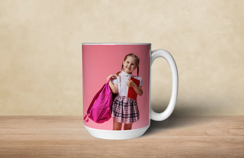 Mum and baby holding Printerpix cartoon design custom mug with dad text