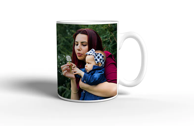 Mum and baby holding Printerpix cartoon design custom mug with dad text