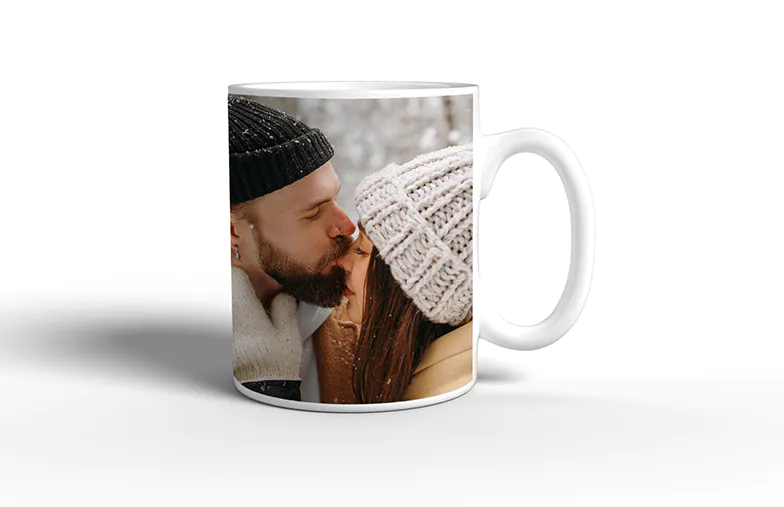 Mum and baby holding Printerpix cartoon design custom mug with dad text