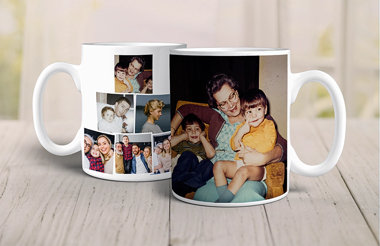 Mum and baby holding Printerpix cartoon design custom mug with dad text