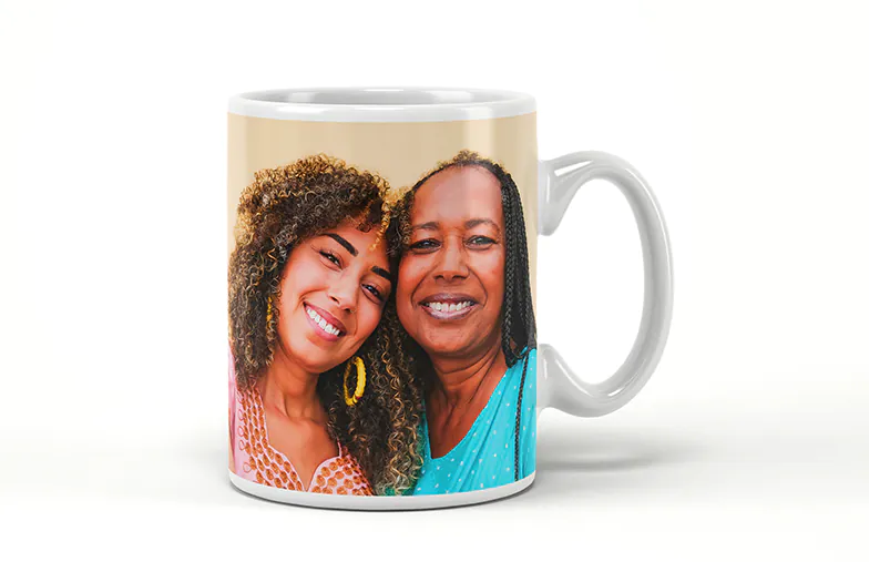 Mum and baby holding Printerpix cartoon design custom mug with dad text