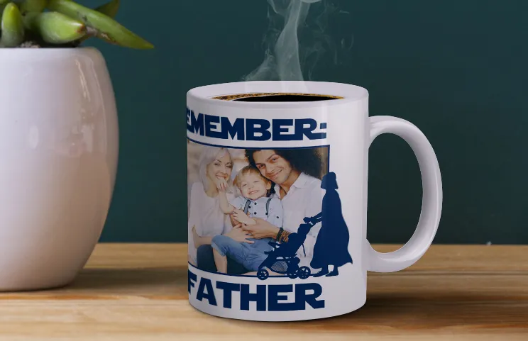 Custom designed mug with collage of photos of couple and their baby from Printerpix