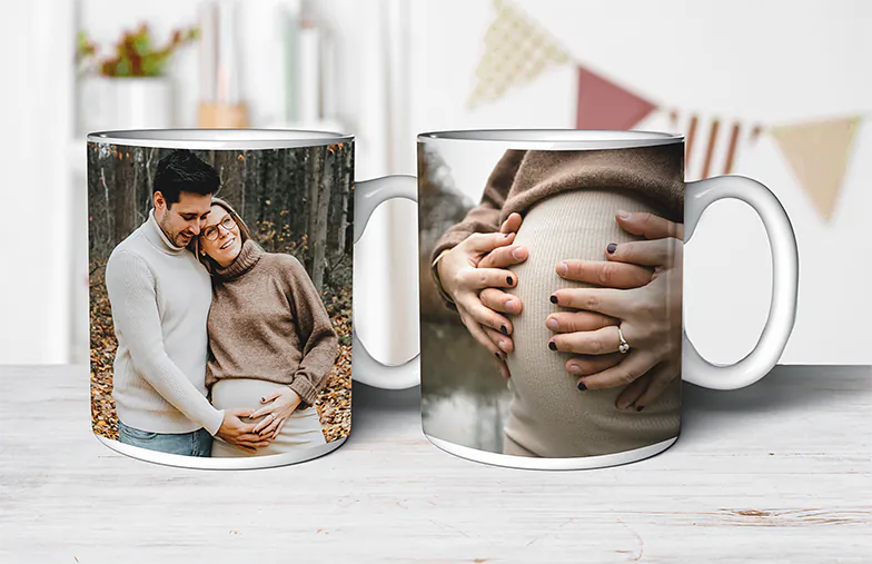 Mum and baby holding Printerpix cartoon design custom mug with dad text