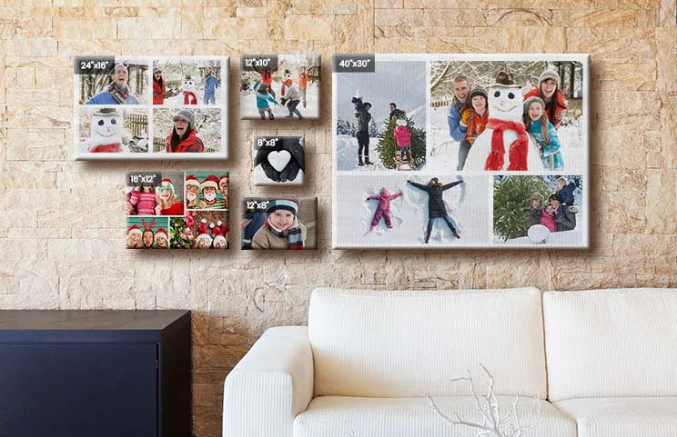 Picture collage of holiday photos on canvas print hung on wall