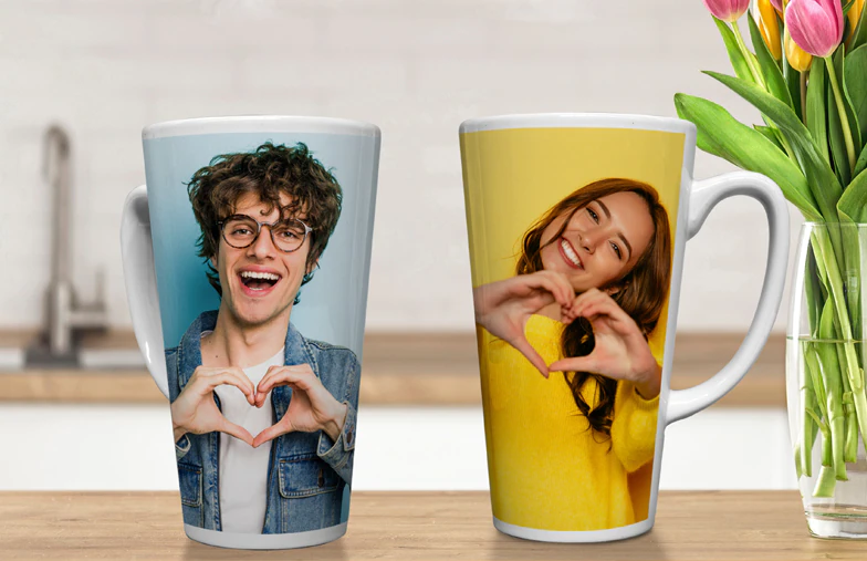 Custom Latte Mugs by Printerpix|Printerpix Personalised large latte mug with love heart and photo of couple kissing|Two large white latte mugs custom designed with couple and dog photos|Two custom made latte mugs with own photos on of couple and text with quote|Young couple holding personalised latte mugs with text and images on|Coffee mug with photo of young couple printed on it|||||