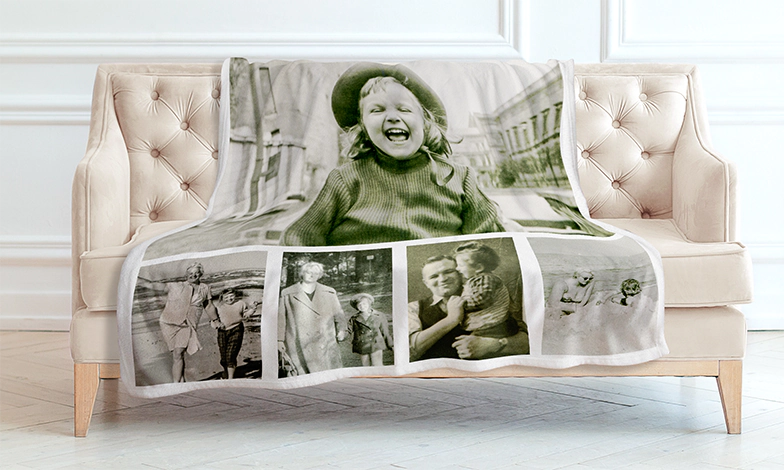 Mink Touch Photo Blanket by Printerpix|Photo Blankets|Large photo blanket on double bed with picture of girl photo|Photo blanket image with size comparison|Photo blanket black and white collage image||||||