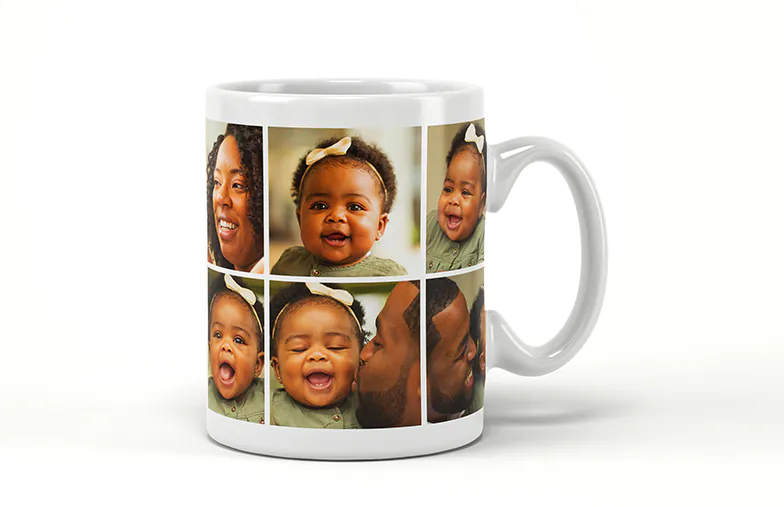 Photo Collage Mugs by Printerpix|Custom designed mug with collage of photos of couple and their baby from Printerpix|Close up of custom photo mug with a photo collage of family photos and text|Close up of mug with picture collage of photos of a young couple|Girl holding mug with photo collage design of couple photos|Two custom photo mugs with romantic and family themed pictures and text|||||