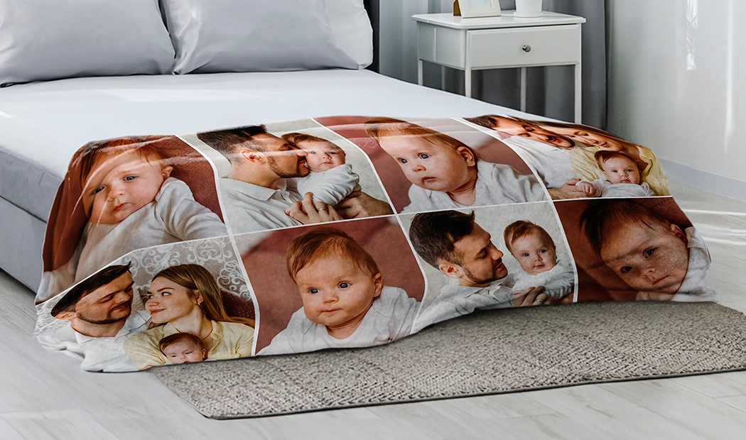 Mink Touch Photo Blanket by Printerpix|Personalised Blankets|Large photo blanket on double bed with picture of girl photo|Photo blanket image with size comparison|Photo blanket black and white collage image||||||