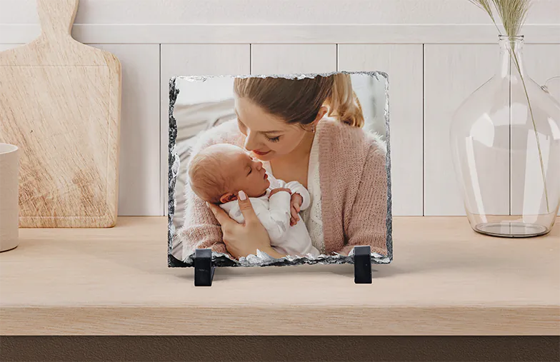 Stone Photo Slate|Stone slate with family photo|side view of stone slate with baby and mum and dad|two young people printed on a stone|Personalised gift Stone with printed image||||||