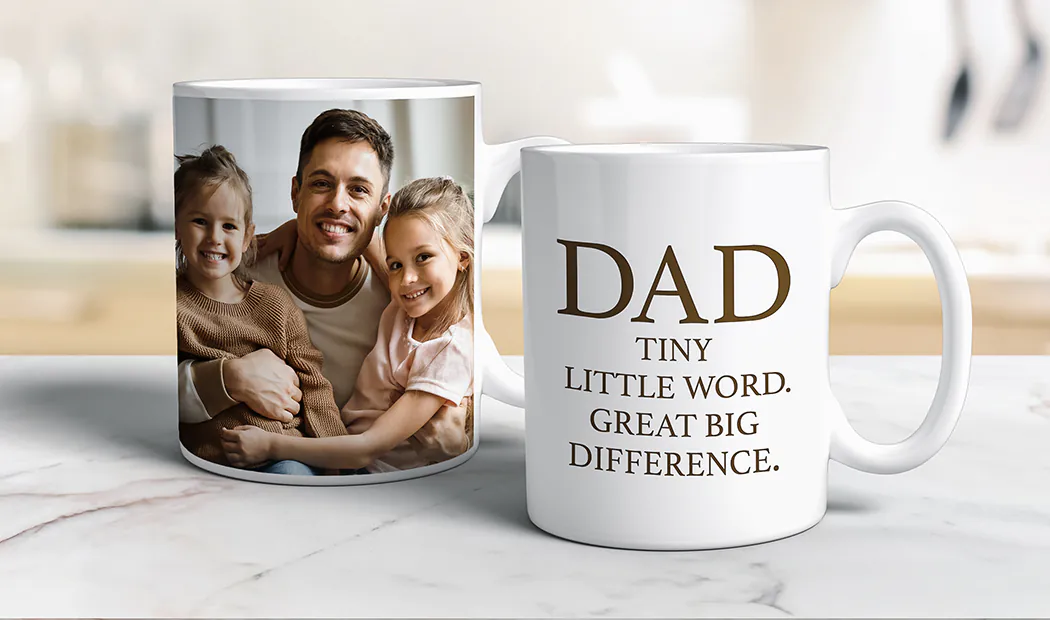 Personalised Photo Mugs by Printerpix|Mum and baby holding Printerpix cartoon design custom mug with dad text|Personalised photo mug with picture of baby crawling wearing animal overall|Mum and daughter holding custom designed photo mugs with family photos|Kissing couple with personalised mugs with text on|Personalised photo mug with your own photo of a dog on|||||