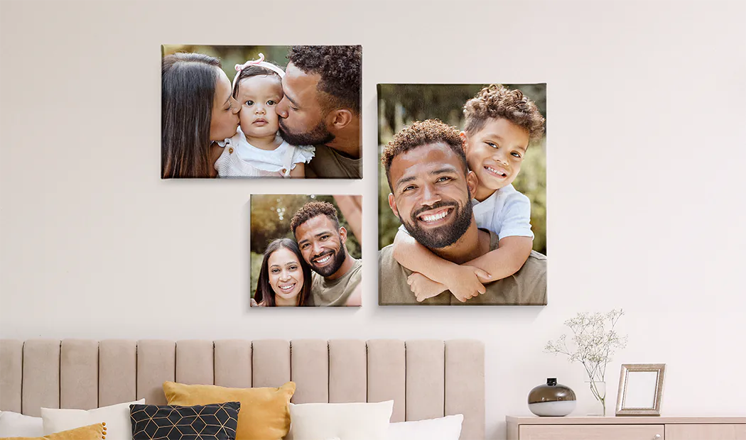 Personalised Photo Canvas Prints by Printerpix|Collage canvas print of two delighted female friends|canvas print sizes|mother affectionately kissing her little son on canvas print|gallery wall of canvas prints|Canvas print of a couple enjoying their holiday|||||