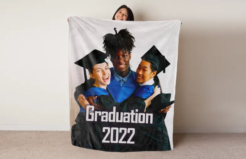 Mink Touch Photo Blanket by Printerpix|Printerpix photo blanket with photos of graduation|Large photo blanket on double bed with picture of girl photo|Photo blanket image with size comparison|Photo blanket black and white collage image||||||