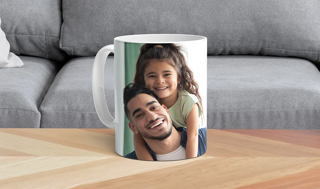 Personalised Photo Mugs by Printerpix|Mum and baby holding Printerpix cartoon design custom mug with dad text|Personalised photo mug with picture of baby crawling wearing animal overall|Mum and daughter holding custom designed photo mugs with family photos|Kissing couple with personalised mugs with text on|Personalised photo mug with your own photo of a dog on|||||