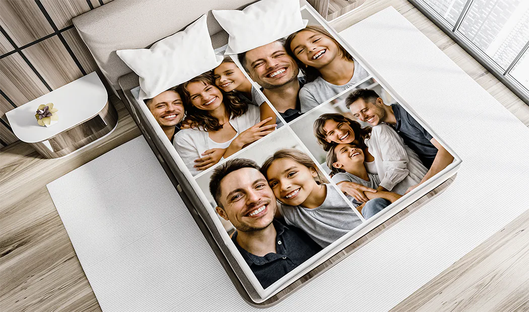 Mink Touch Photo Blanket by Printerpix|Personalised Blankets|Large photo blanket on double bed with picture of girl photo|Photo blanket image with size comparison|Photo blanket black and white collage image||||||