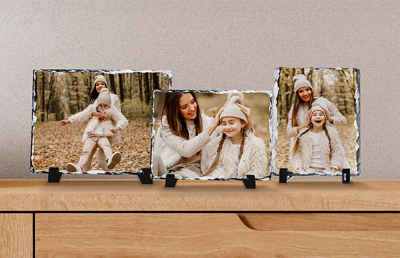 Stone Photo Slate|Stone slate with family photo|side view of stone slate with baby and mum and dad|two young people printed on a stone|Personalised gift Stone with printed image||||||