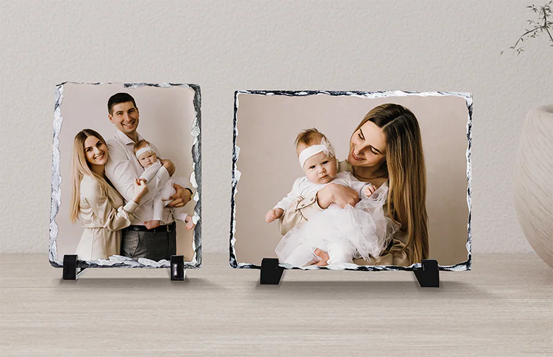 Stone Photo Slate|Stone slate with family photo|side view of stone slate with baby and mum and dad|two young people printed on a stone|Personalised gift Stone with printed image||||||