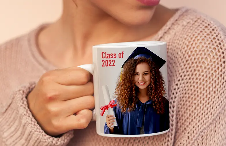 Personalised Photo Mugs by Printerpix|Graduation design custom mug with dad text|Personalised photo mug with picture of baby crawling wearing animal overall|Mum and daughter holding custom designed photo mugs with family photos|Kissing couple with personalised mugs with text on|Personalised photo mug with your own photo of a dog on|||||