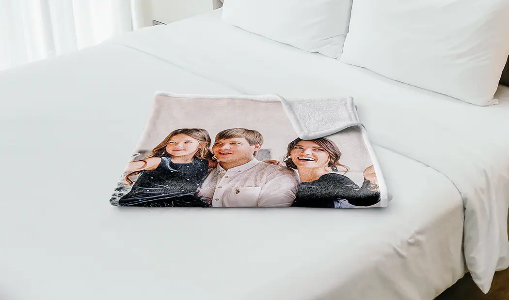 Mink Touch Photo Blanket by Printerpix|Photo Blankets - Christmas Gifts|Large photo blanket on double bed with picture of girl photo|Photo blanket image with size comparison|Photo blanket black and white collage image||||||