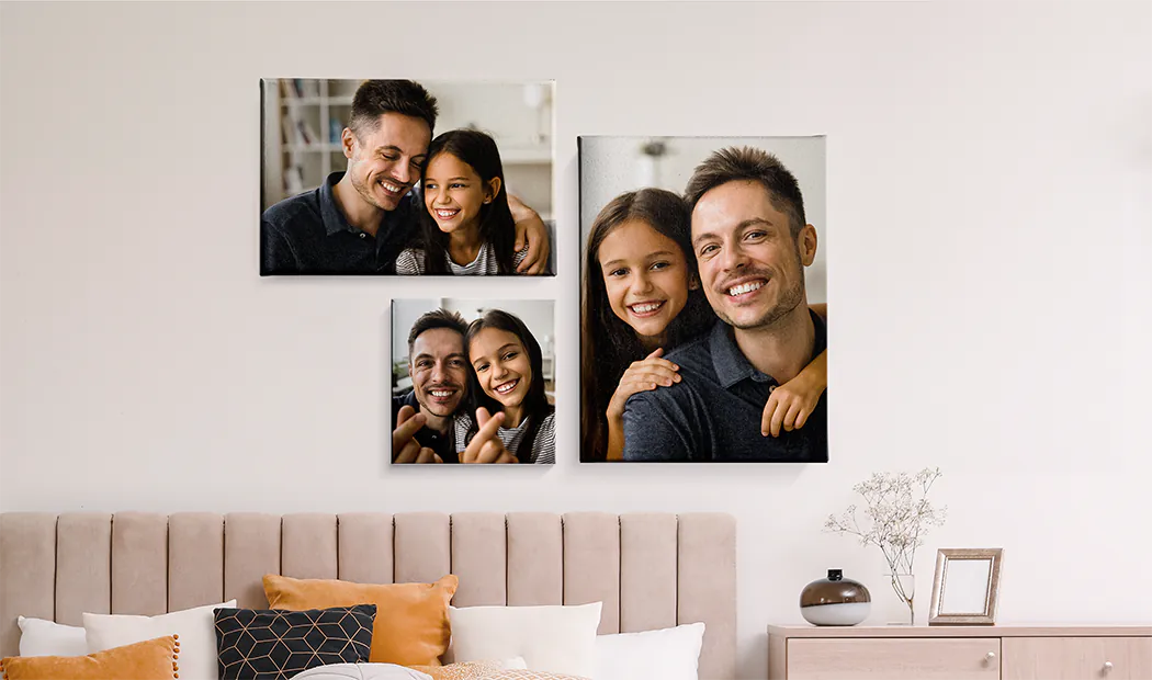 Personalised Photo Canvas Prints by Printerpix|Collage canvas print of two delighted female friends|canvas print sizes|mother affectionately kissing her little son on canvas print|gallery wall of canvas prints|Canvas print of a couple enjoying their holiday|||||