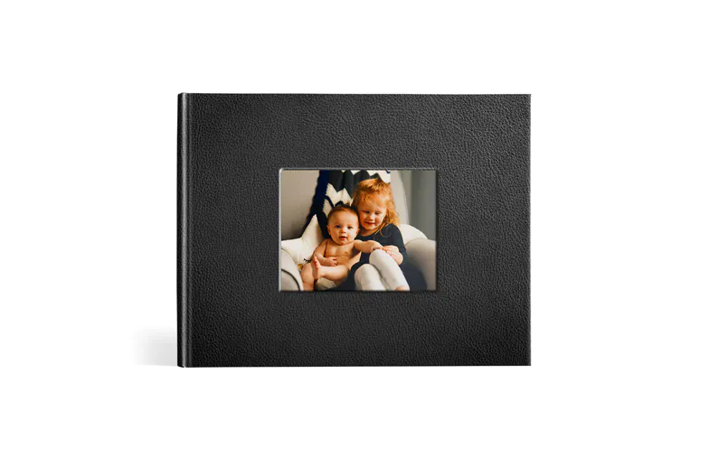 Lorenzo Window Cover Photobook by Printerpix|Black leather photobook with window in the cover and picture of mum and daughter||Beige colour leather photobook with window cover and baby photo|||||||