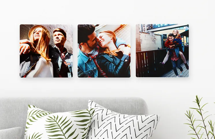 Metal Display Panel Prints by Printerpix|Four metal display panel photo prints with baby photos on|nine metal photo display panel prints with family photos on|three metal display panel photo prints with landscape photos on|four metal photo display prints with holiday photos on|Woman holding two wedding metal photo prints|||||