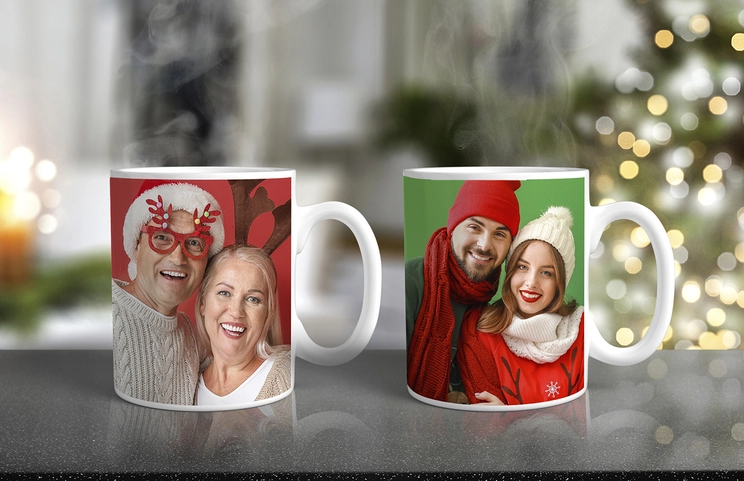 Personalised Photo Mugs by Printerpix|Personalised photo mugs - Grandmother with grandchild and Grandfather with grandchild|Personalised photo mug with picture of baby crawling wearing animal overall|Mum and daughter holding custom designed photo mugs with family photos|Kissing couple with personalised mugs with text on|Personalised photo mug with your own photo of a dog on|||||